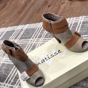 Matisse Tan and Gray Peep-Toe Heels